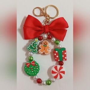 Festive Christmas Bracelet Keychain with Red Bow Handbag Charm